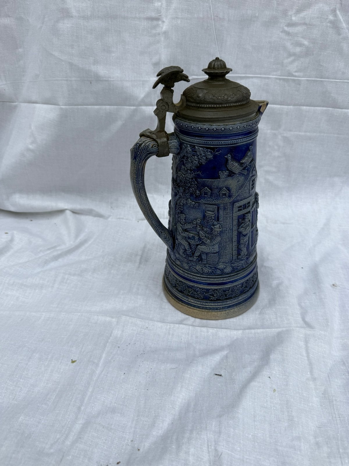 Antieke Duitse Bierkan Westerwald Steengoed met Tin Deksel, Antiek en Kunst, Ophalen of Verzenden