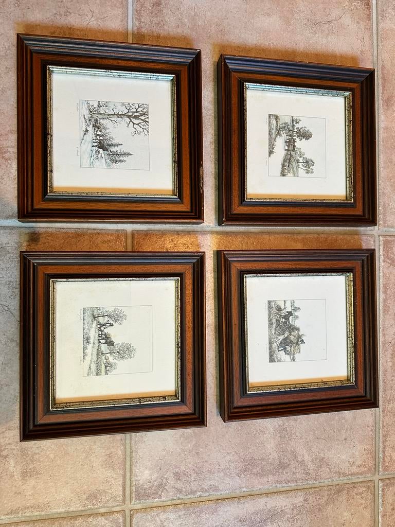 Set van 4 ingelijste etsen, landschappen, gesigneerd, Ets, Ophalen of Verzenden, Gesigneerd, Landschap