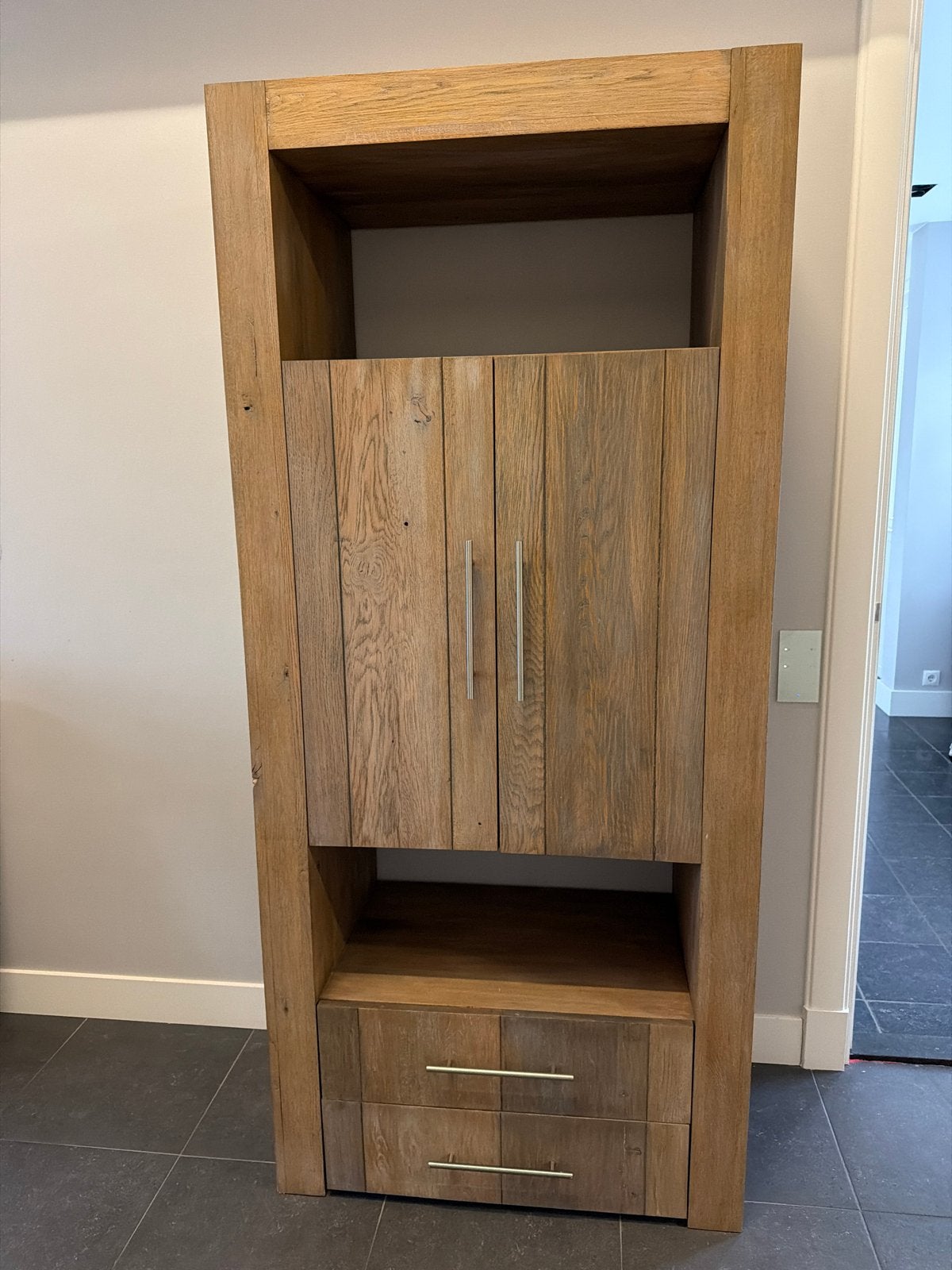 Zware eiken kast (grey wash) - 200x90x50 cm, Ophalen, Gebruikt, Eikenhout, 50 tot 100 cm