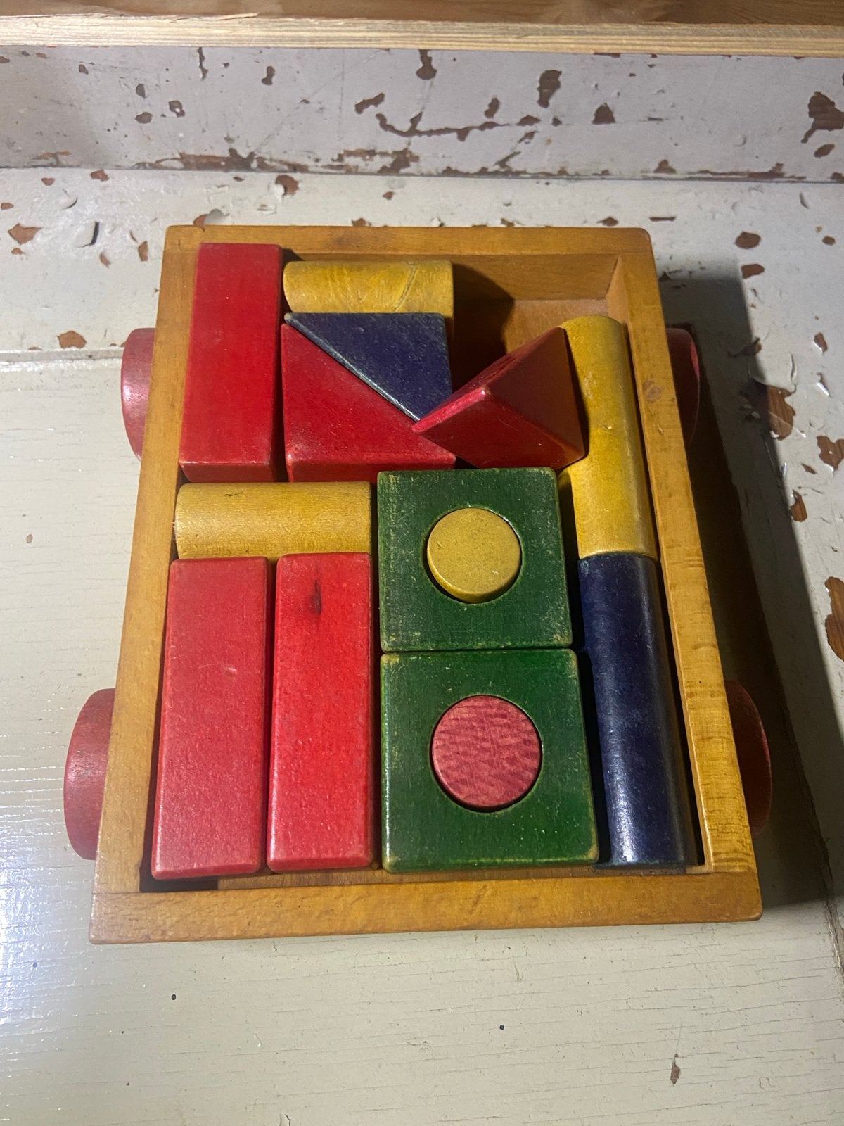 Vintage Houten Blokkenkar met Kleurrijke Bouwblokken, Kinderen en Baby's, Ophalen, Gebruikt, Duw- of Trekspeelgoed
