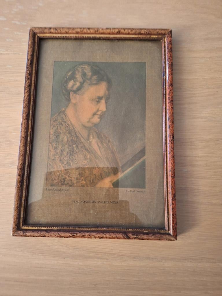 Antieke ingelijste prent H.M. Koningin Wilhelmina, Ophalen of Verzenden