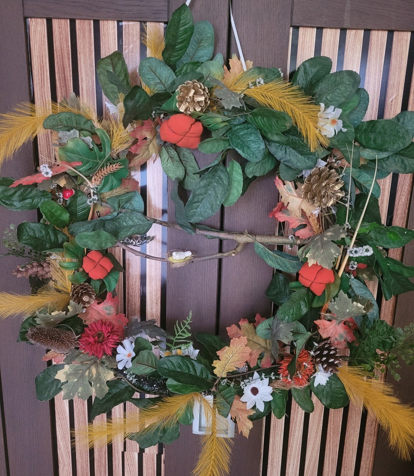 Herfstkrans met bladeren en pompoenen groot, Meerkleurig, Decoratieobject, Ophalen of Verzenden, Zo goed als nieuw