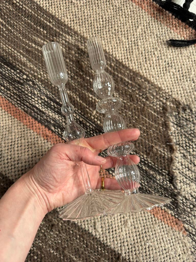 Set van 2 glazen kandelaars, Antiek en Kunst, Ophalen of Verzenden, Glas