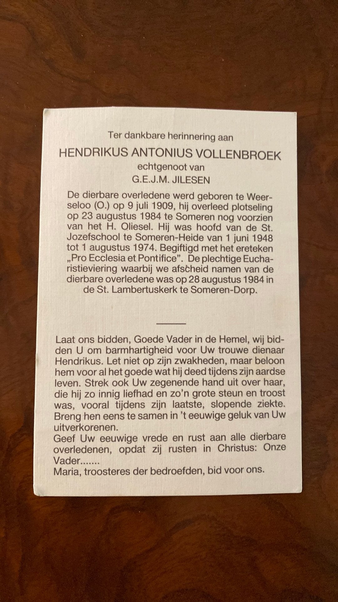 HA Vollenbroek x Jilesen 1909 Weerselo (O) 1984 Someren, Ophalen of Verzenden, Bidprentje