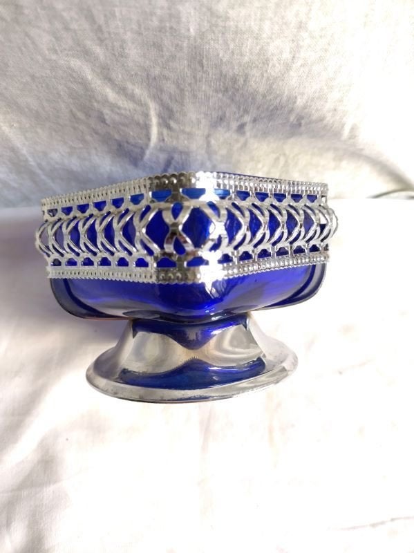 Suikerpot, bonbonschaaltje, blauw glas, verchroomd metaal, Verzamelen, Ophalen of Verzenden, Zo goed als nieuw, Overige typen