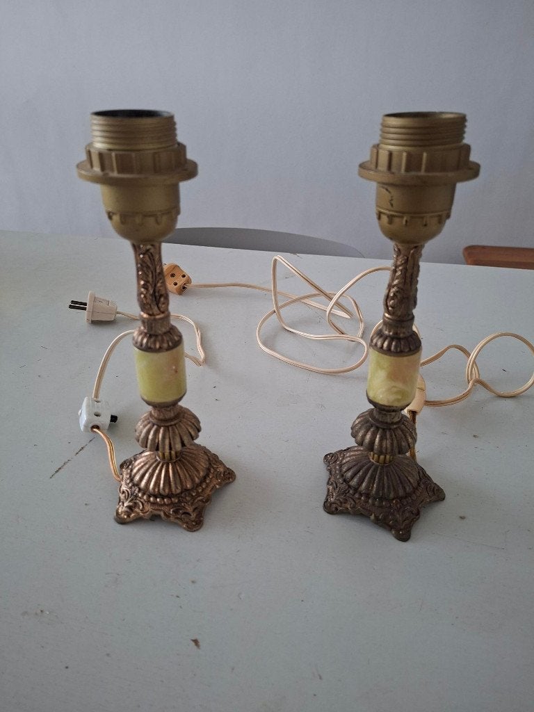 set/paar vintage barok messing en onyx tafellampen jaren 50, Ophalen of Verzenden