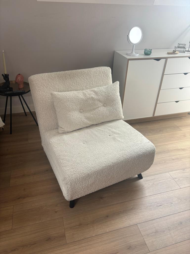 Teddy 1 persoons slaapfauteuil inclusief topper, Ophalen, Wit, 190 cm of minder, Zo goed als nieuw