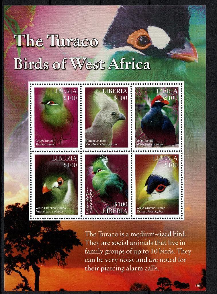 LIBERIA 2015 PF BLOK TOERAKO VOGELS BIRDS TURACO, Ophalen of Verzenden, Postfris, Dier of Natuur