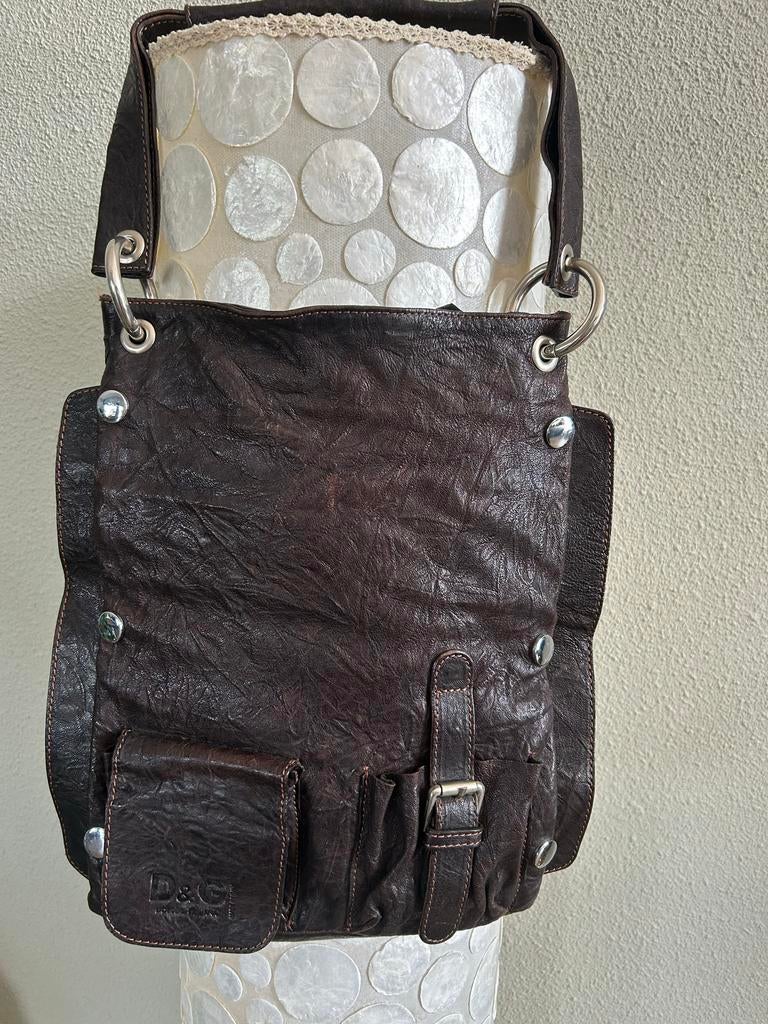 D&G vintage schoudertas bruin leer., Overige merken, Gebruikt, Bruin, Ophalen of Verzenden