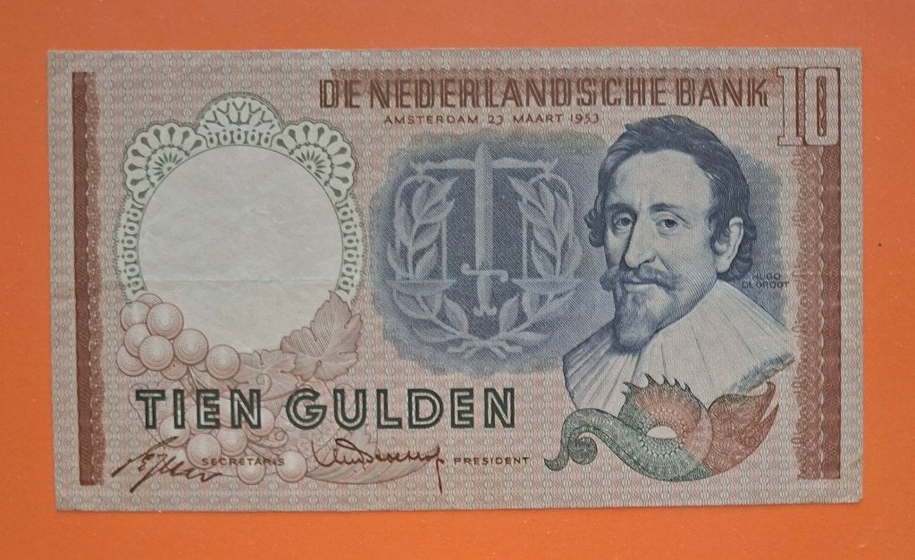 Bankbiljet 10 gulden 1953 Hugo de Groot, cat. PL45.a1, Postzegels en Munten, Bankbiljetten | Nederland, Verzenden, 10 gulden, Los biljet