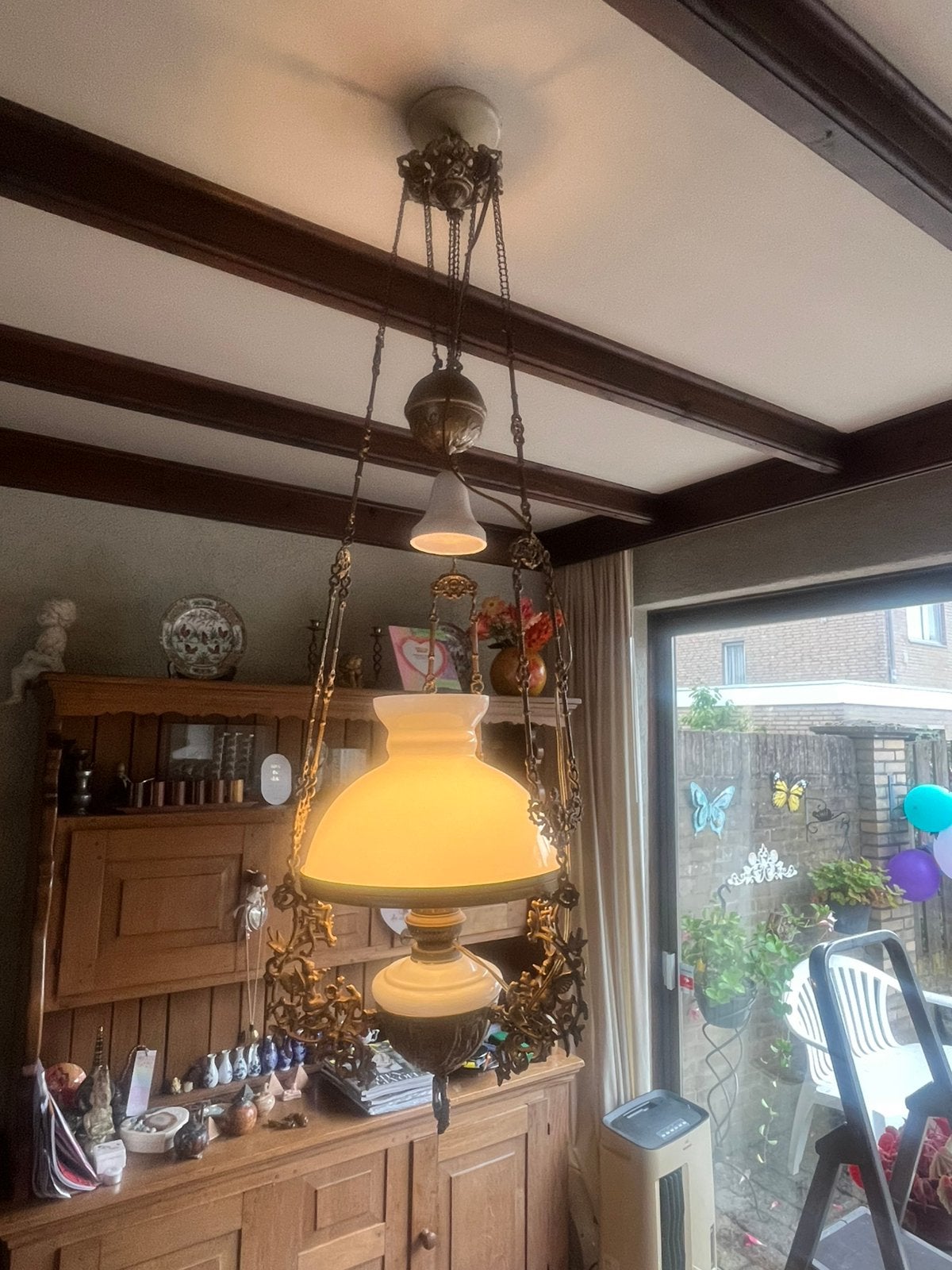 Antieke Kosmos Brenner hanglamp orig. opaline kap Ø29,5 cm, Antiek en Kunst, Ophalen
