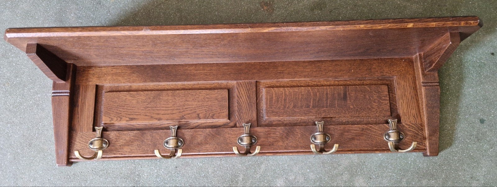Vintage houten wandkapstok met messing haken, Huis en Inrichting, Gebruikt, Minder dan 100 cm, Hout, Ophalen