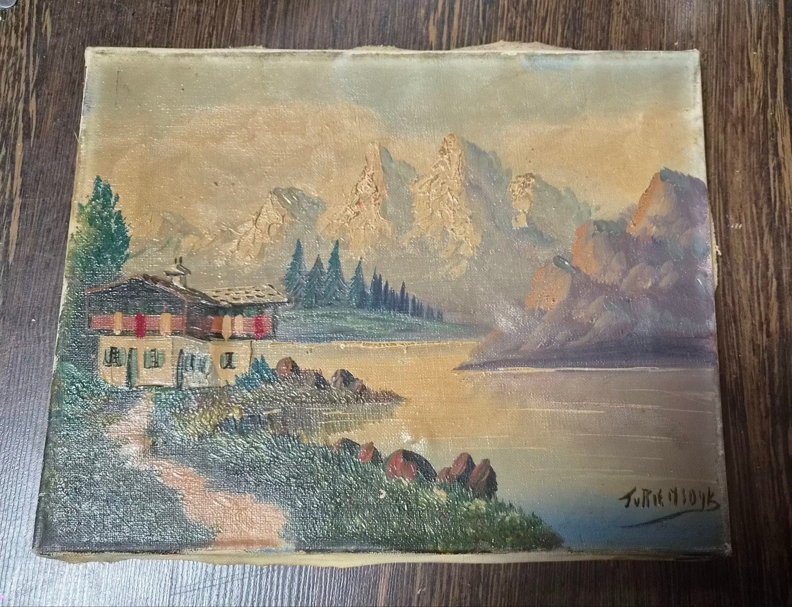 Schilderij berglandschap met huis en meer, Ophalen of Verzenden