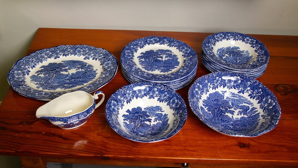 Vintage set Engels blauw Enoch Wedgwood Woodland porselein, Ophalen of Verzenden