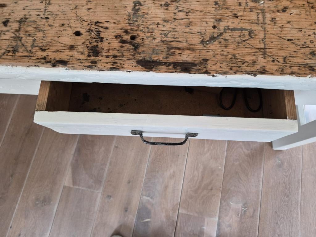 Antieke werkbank met 2 lades - Wit/Hout, Ophalen