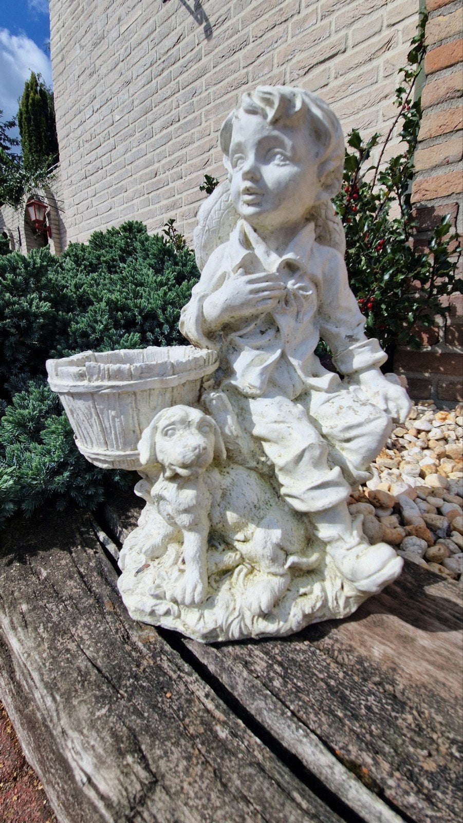 Vintage Tuinbeeld Jongen met Hond en Bloempot, Tuin en Terras, Ophalen, Gebruikt, Steen, Mensenbeeld