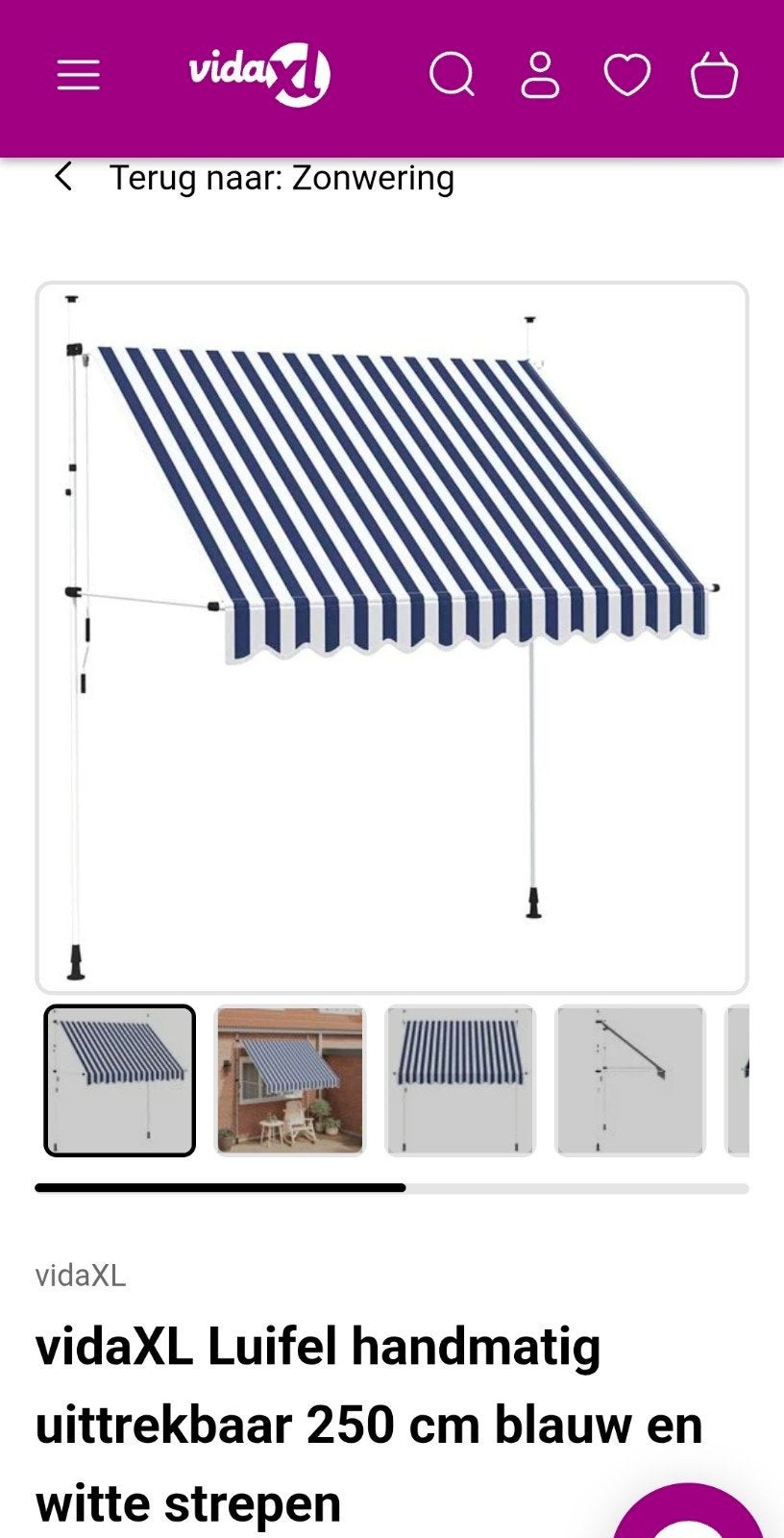 Nieuwe vidaXL Luifel lengte 250cm, hoogte is verstelbaar, Ophalen, Overige typen, Nieuw, 250 cm tot 450 cm