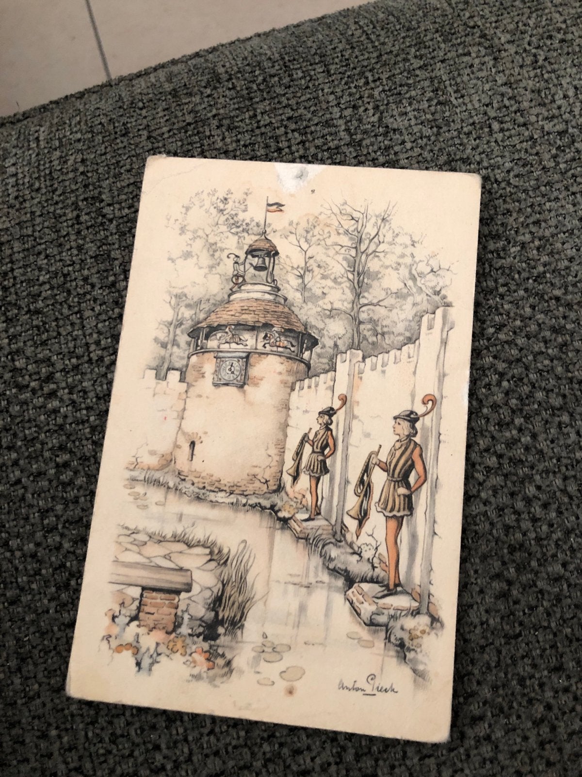 Oude Ansichtkaart: Jagers bij Kasteelmuur met Toren, Ophalen of Verzenden, Voor 1920, Ongelopen, Gebouw