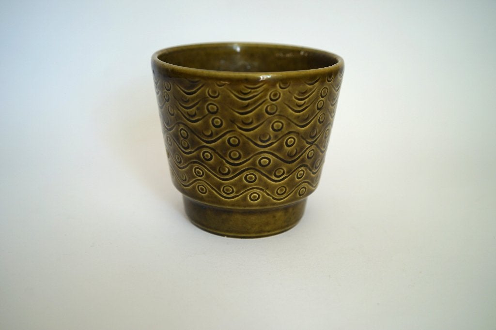 vintage bloempot groen met patroon, keramiek FOHR Germany, Gebruikt, Rond, Binnen, Ophalen of Verzenden