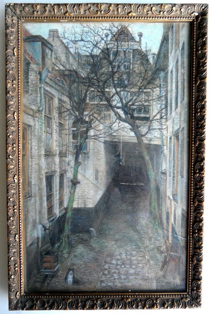 Oud Rotterdam 1905 Pastel door Frits Rehm 1871 - 1928, Antiek en Kunst, Bijzondere lijst, Realistisch, Ophalen of Verzenden, Pastel
