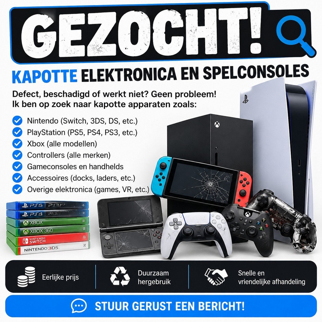Gezocht: Kapotte elektronica en spelconsoles, Spelcomputers en Games, Ophalen of Verzenden, Niet werkend