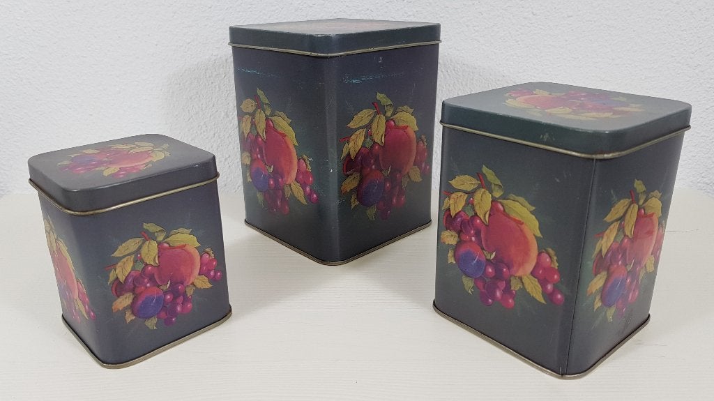 Set van 3 vintage blikken, donkergroen met fruit motief. 6A4, Verzamelen, Blikken, Ophalen of Verzenden, Gebruikt, Koek(jes)