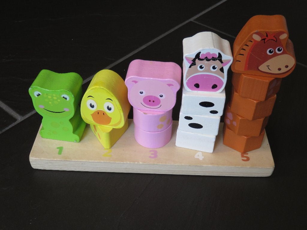 Houten stapelspel dieren, tellen, stapelen, 16delig., Kinderen en Baby's, Ophalen of Verzenden, Gebruikt