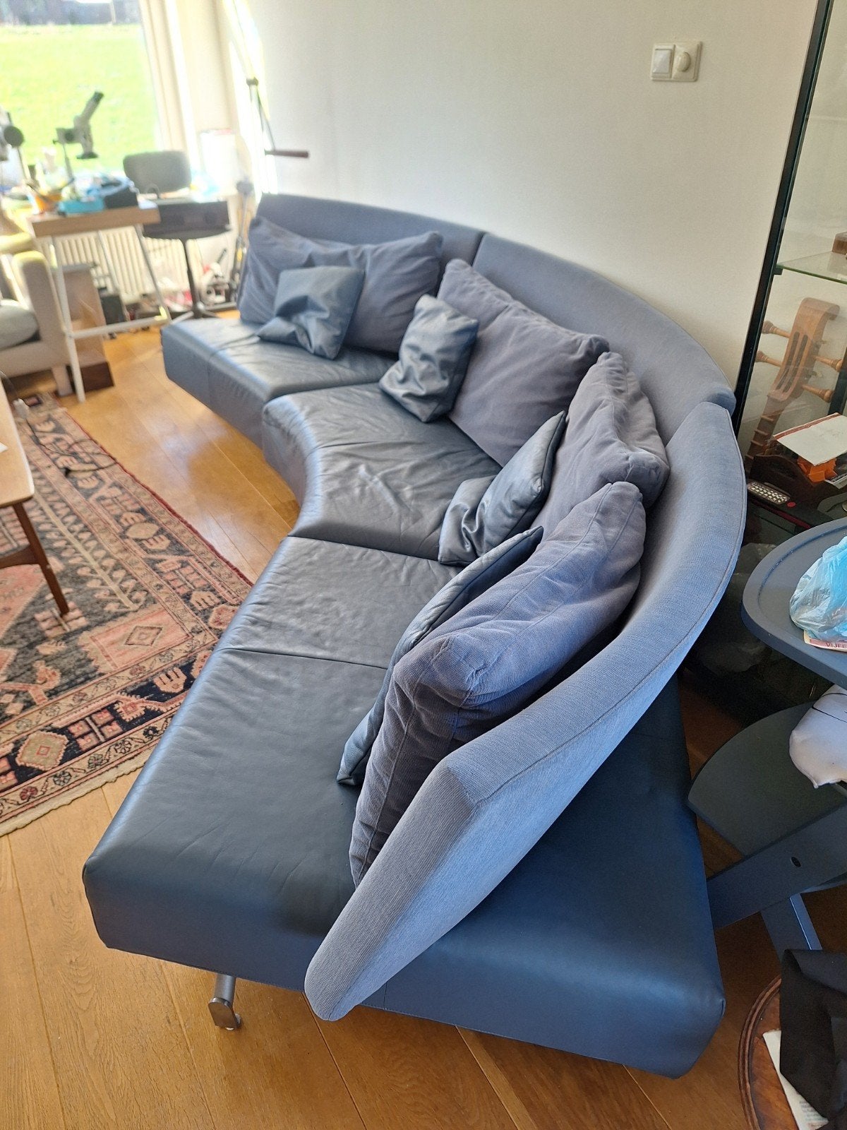 Prima Baku bank, blauw leer plus stof, Ophalen, 250 tot 300 cm, Gebruikt, 75 tot 100 cm