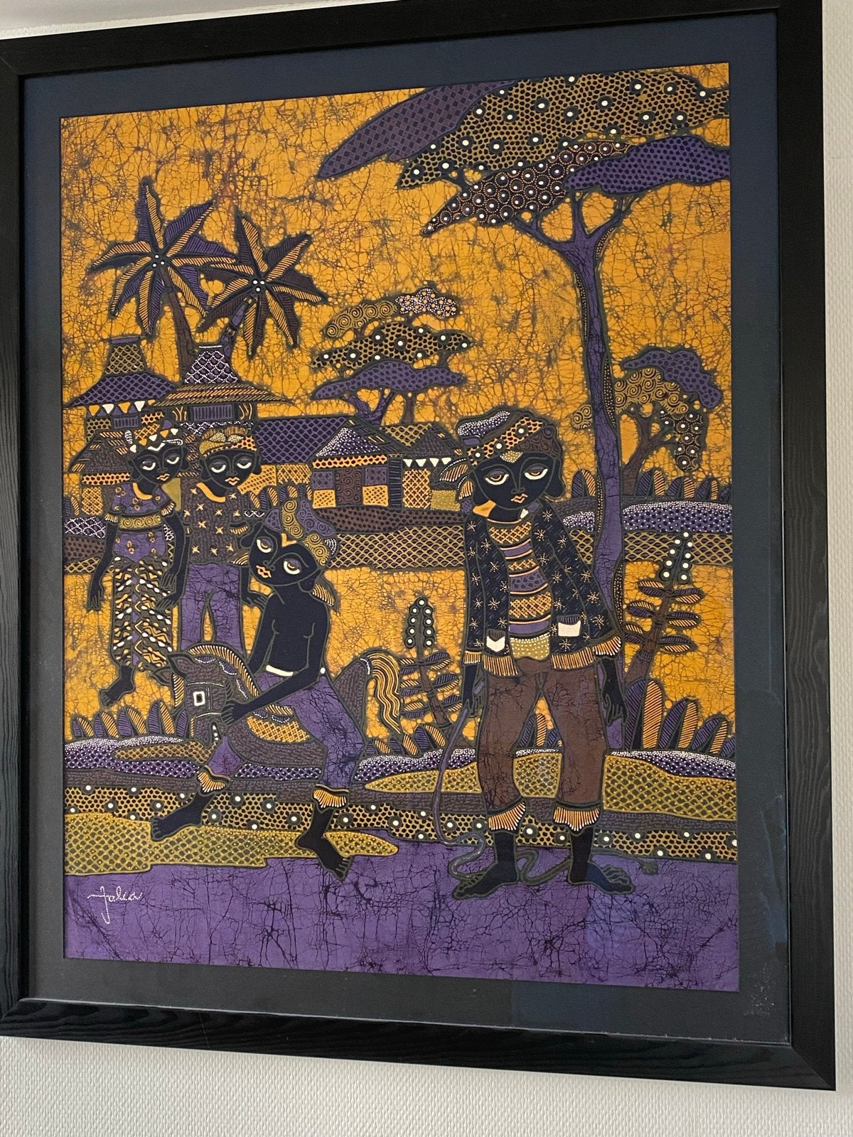 Ingelijst Batik Schilderij - Tropisch Dorpsgezicht, Antiek en Kunst, Ophalen of Verzenden