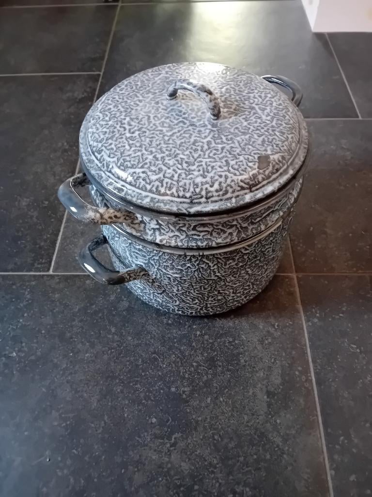 Emaille stoompan, grijs gewolkt, Antiek en Kunst, Ophalen of Verzenden