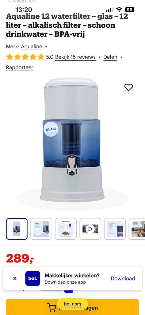 Aqualine 12 waterfilter - glas - 12 liter - alkalisch filter, Ophalen of Verzenden, Zo goed als nieuw