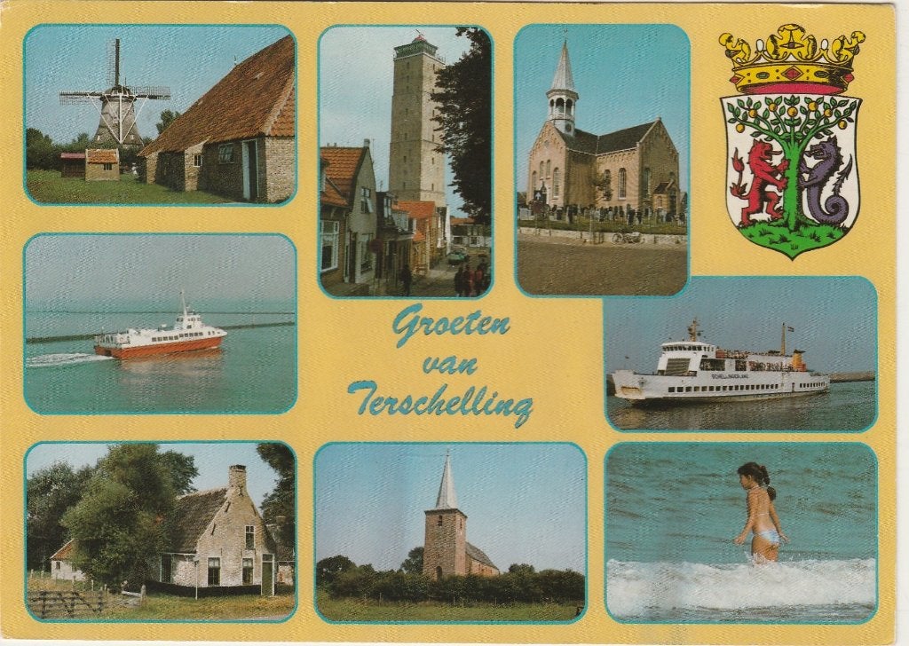 TERSCHELLING Molen Veerboot Kerk Groeten, Verzenden, 1980 tot heden, Gelopen, Waddeneilanden