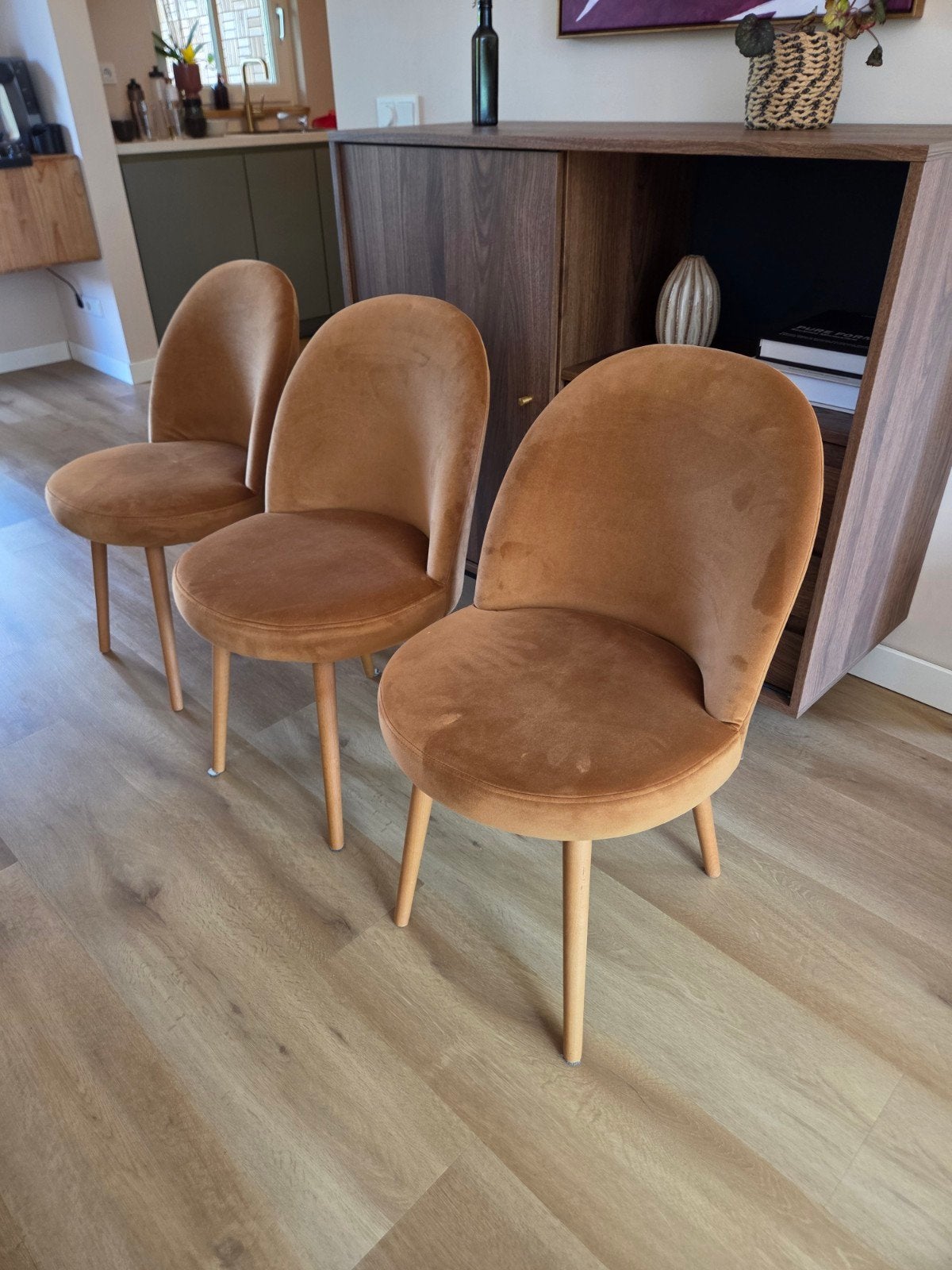6x Velours eetkamerstoelen | Cognac | Mooie staat, Huis en Inrichting, Bruin, Ophalen of Verzenden, Zo goed als nieuw, Stof