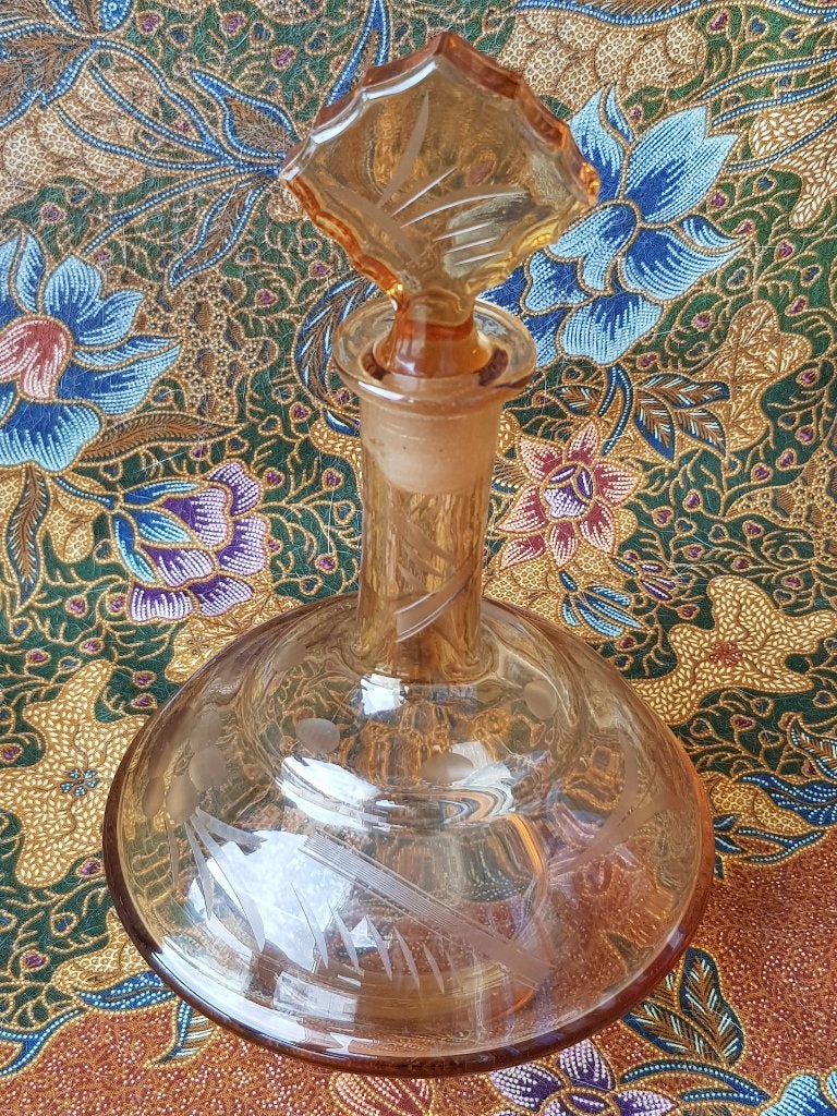 Mooie oude amber glas likeurkaraf uit Engeland 22,7 cm., Ophalen of Verzenden