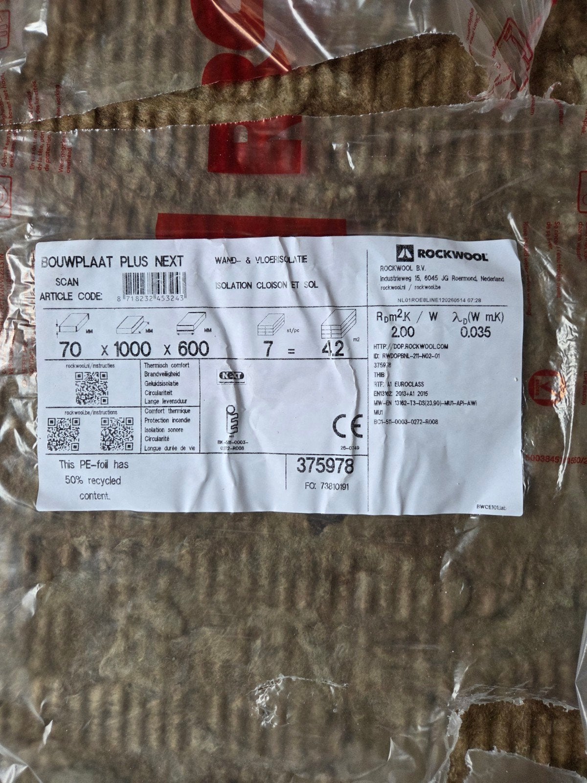 Rockwool Isolatieplaten 1000x600x70mm (6 st), Ophalen, 4 tot 8 cm, Nieuw, Steenwol