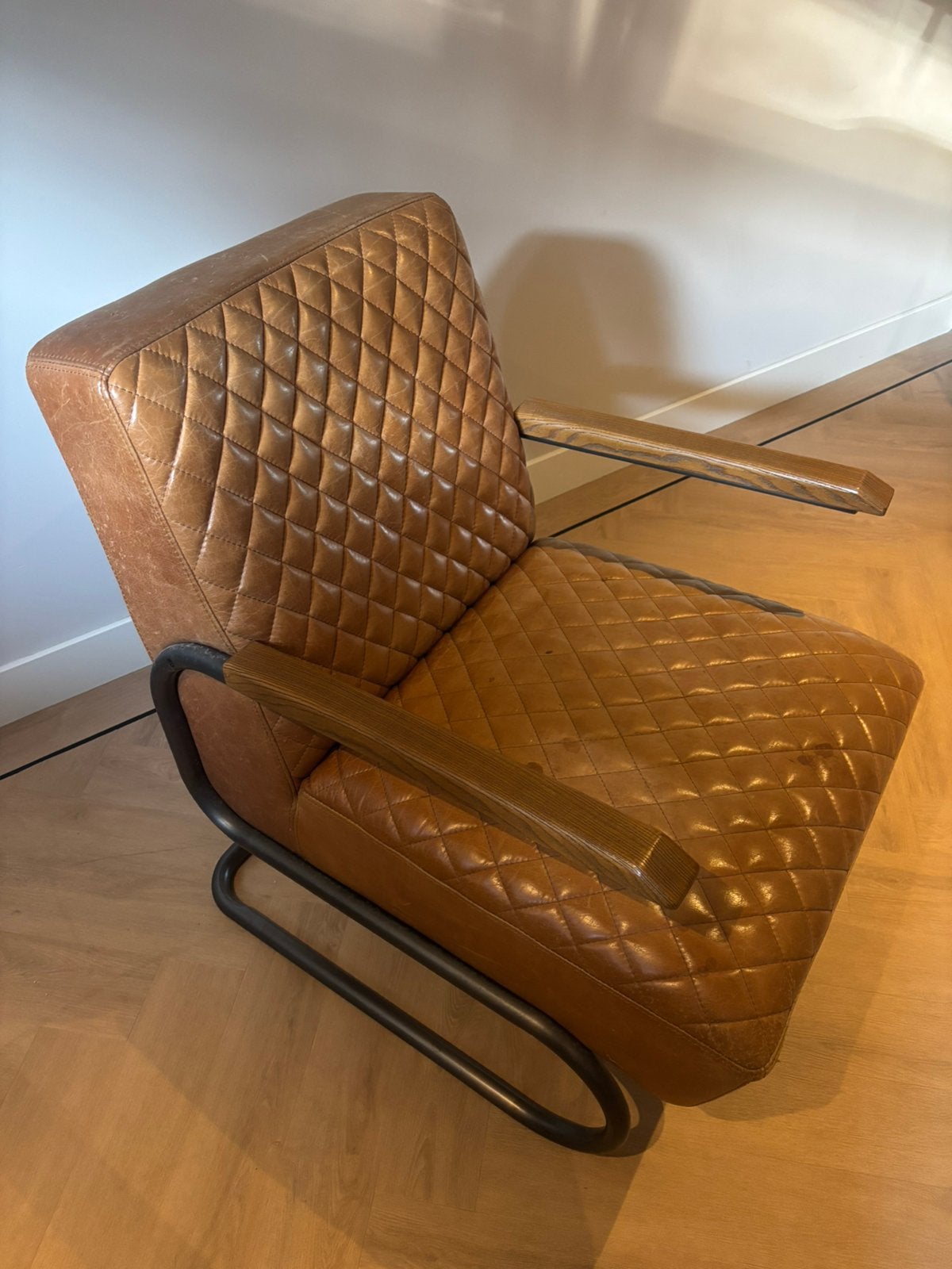 Leren fauteuil cognac kleur, Huis en Inrichting, Fauteuils, Ophalen, Gebruikt, Industrieel, 50 tot 75 cm