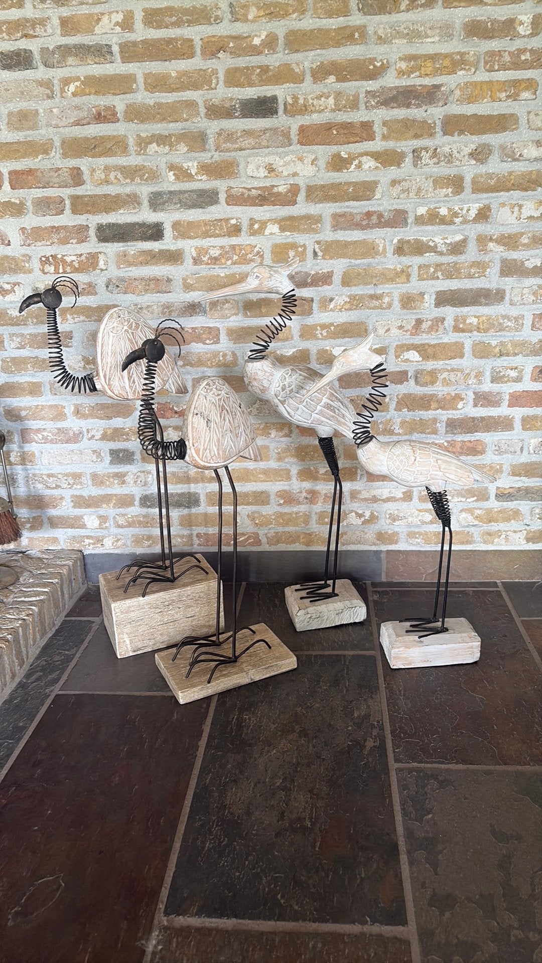 Set van 4 decoratieve houten vogels op voet, Ophalen, Hout, Gebruikt, Beige