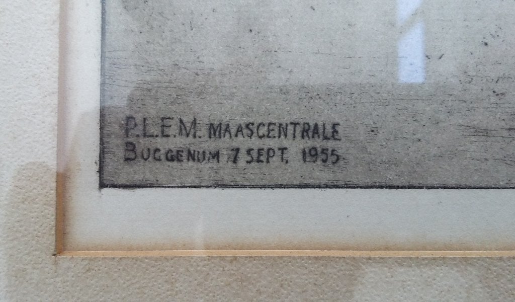 Jaar 1955 Grote Ets Grafiek Elektriciteits Centrale Buggenum, Gesigneerd, 57 cm, Dagelijks leven, 1950 - 1999