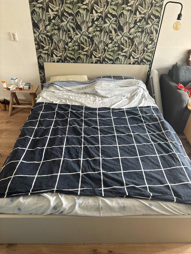 Hoog wit bedframe 140x200 cm, Ophalen, Gebruikt, Wit, Tweepersoons