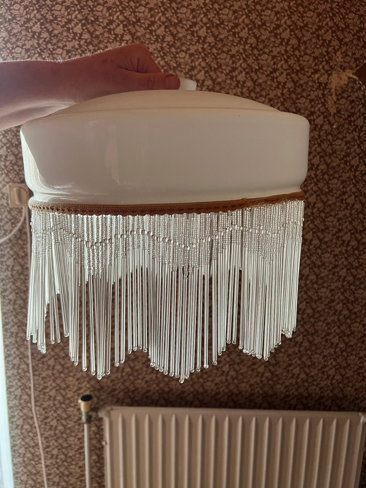Lampenkap met glazen franje incl ophangstang, Ophalen, Gebruikt, Wit, Rond