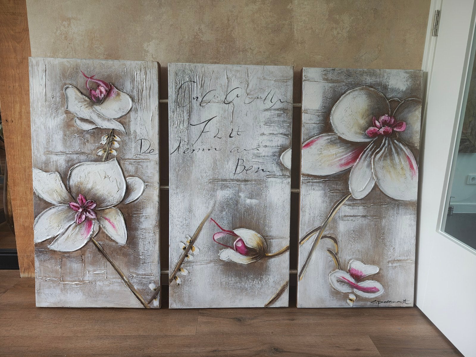 Set van 3 handgeschilderde bloemschilderijen op doek, Acrylverf, Doek, Realistisch, Handgeschilderd
