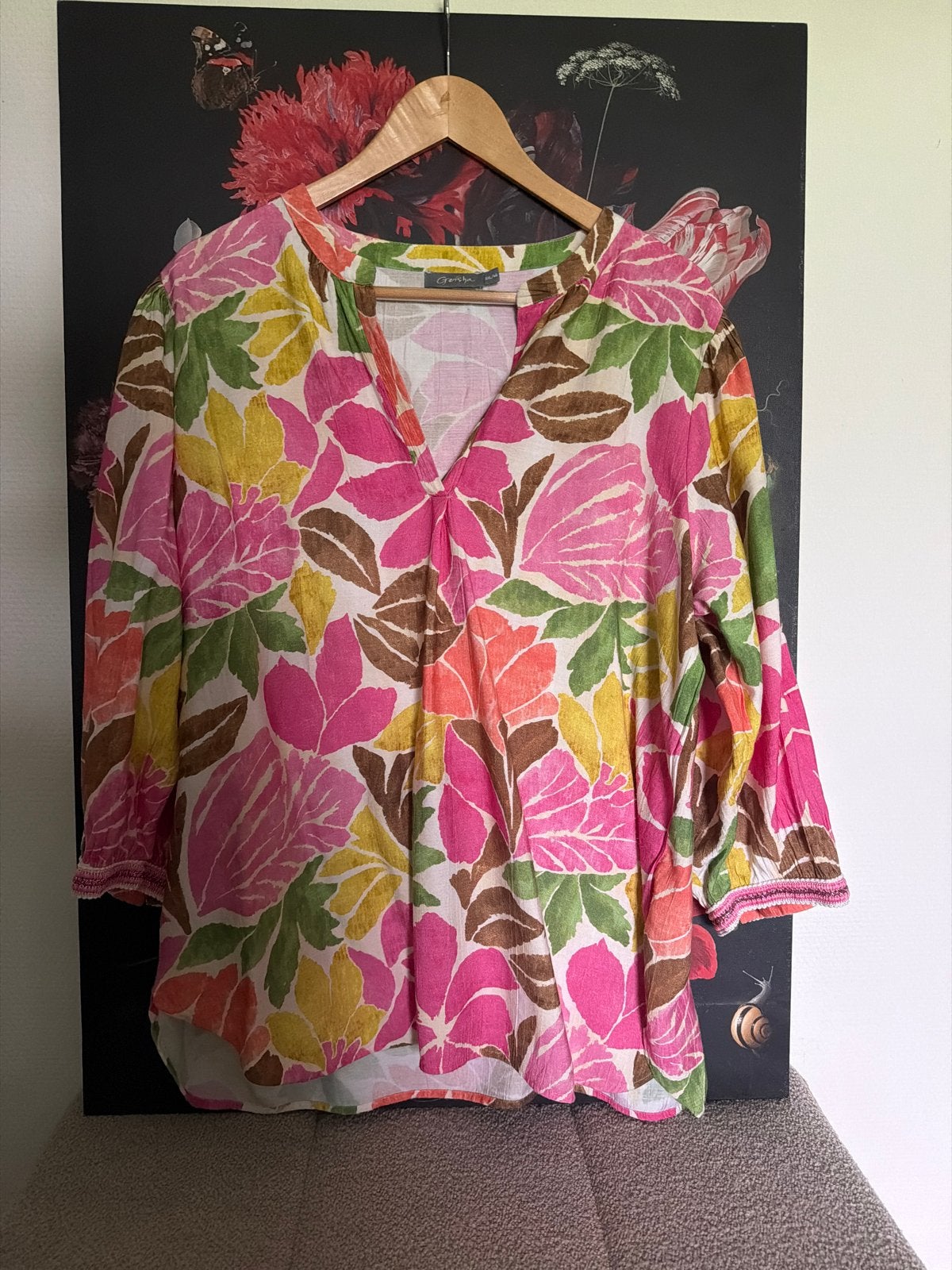Geisha Blouse 3/4 mouw, kleurrijk bloemenpatroon, maat 46, Ophalen of Verzenden, Zo goed als nieuw, Maat 46/48 (XL) of groter