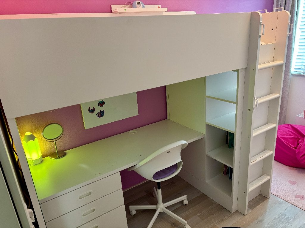 IKEA hoogslaper met bureau, lades en kledingkast (wit), Ophalen, Gebruikt, Hoogslaper
