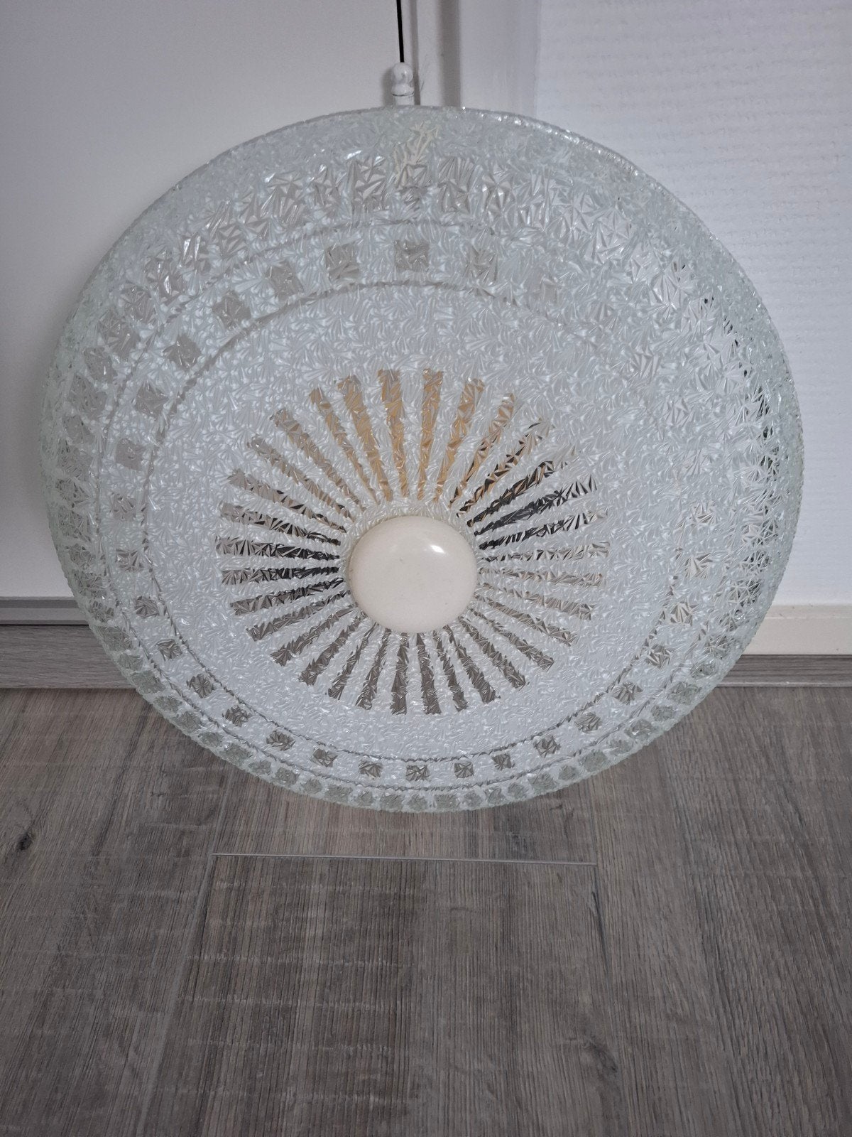 Oude schotel plafonlamp met fitting, Ophalen, Gebruikt, Glas