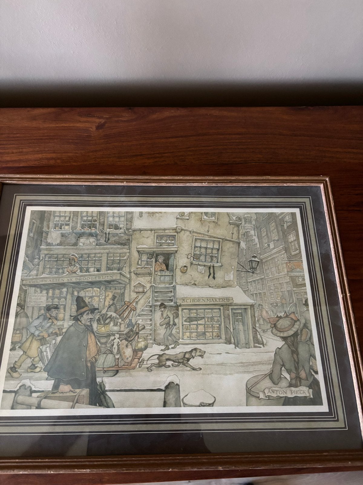 Anton Pieck - Wintertafereel met figuren en winkels, Handgekleurd, Dagelijks leven, Ophalen of Verzenden, Lithografie