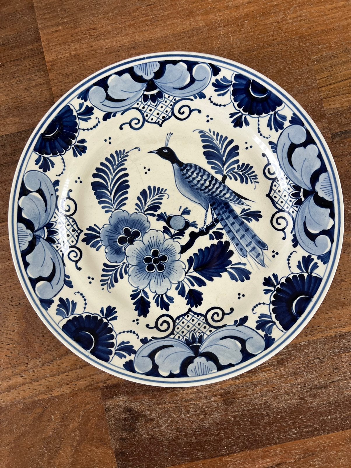 Schitterend antiek Delfts blauw bord met pauw, 23 cm, Antiek en Kunst, Ophalen of Verzenden