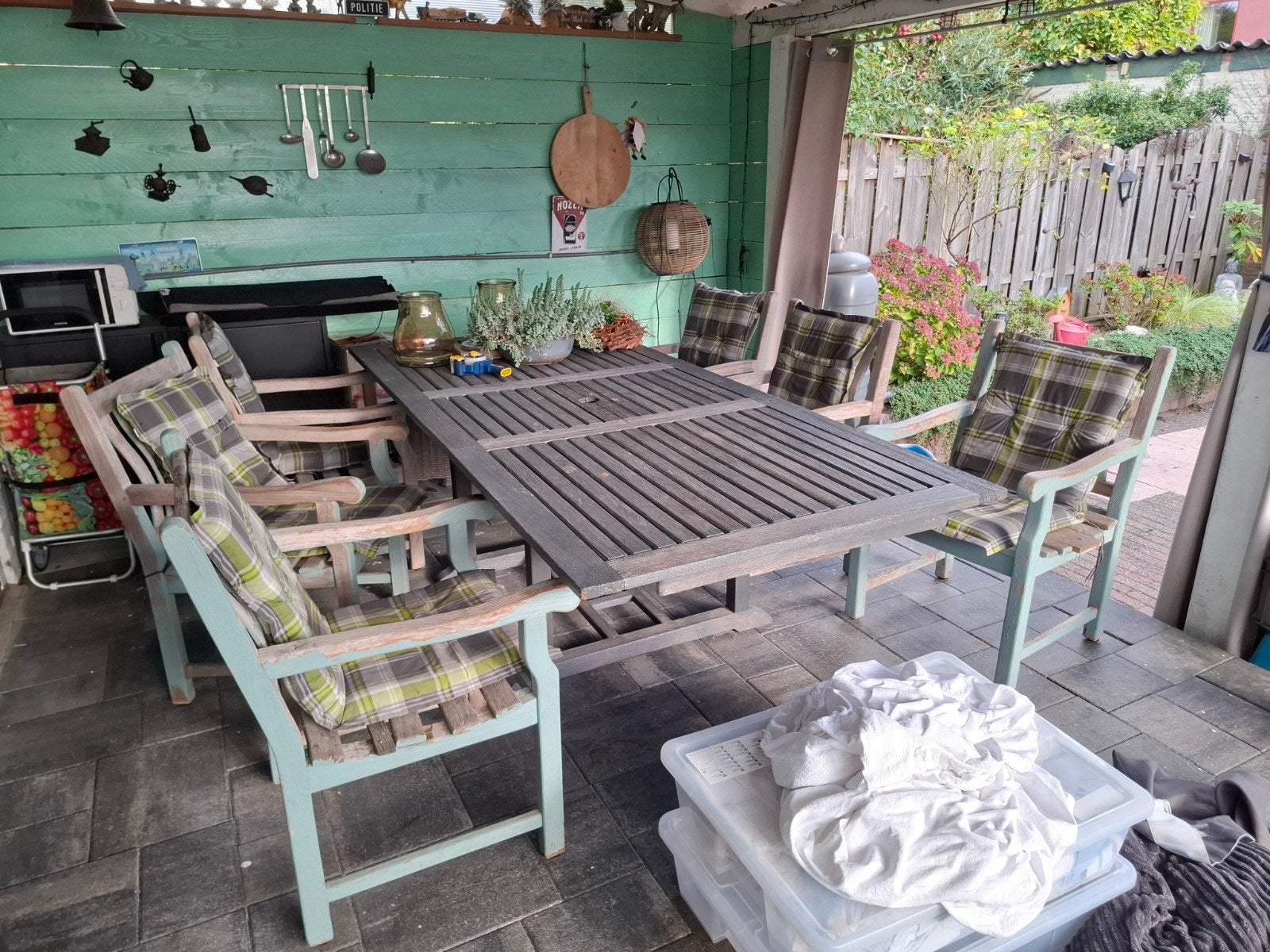 Tuinset met lange tafel en 6 stoelen - opknapper van Celeste, Ophalen, Gebruikt, 6 zitplaatsen, Tuinset