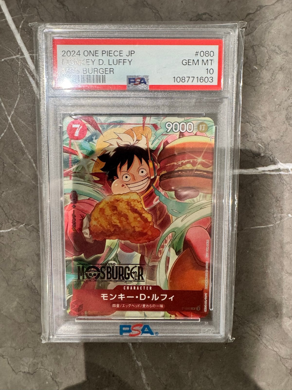 One Piece JP Monkey D. Luffy Mos Burger PSA 10 GEM MT, Ophalen of Verzenden, Nieuw, Losse kaart