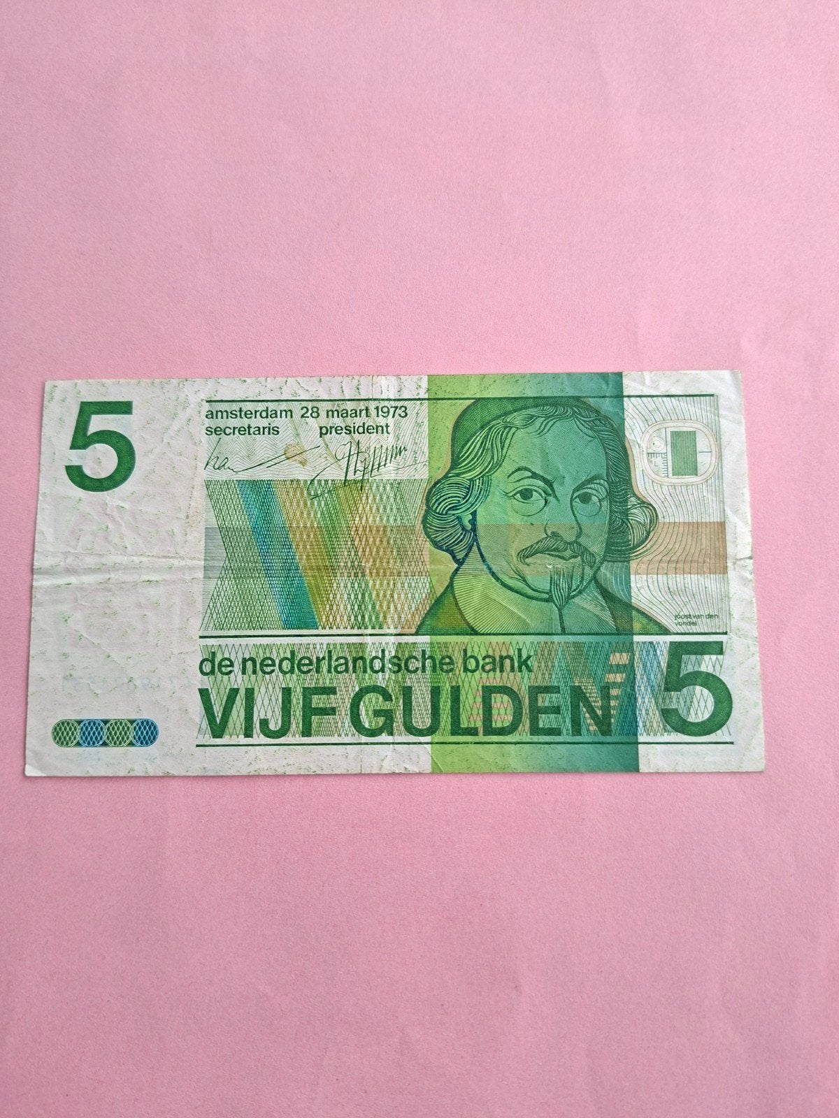 5 gulden Vondel II misdruk uit 1973 in ZFR
Groene verf is ui, Postzegels en Munten, Bankbiljetten | Nederland, Ophalen of Verzenden