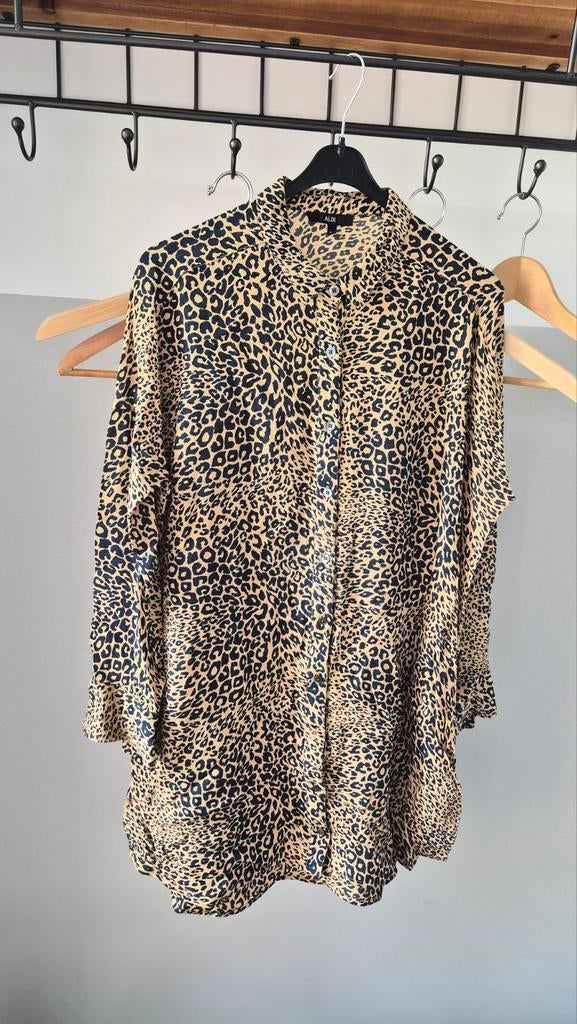 Alix, tuniek met panterprint. Beige met donkerblauw. Maat M., Ophalen of Verzenden, Gedragen, Maat 38/40 (M), Beige